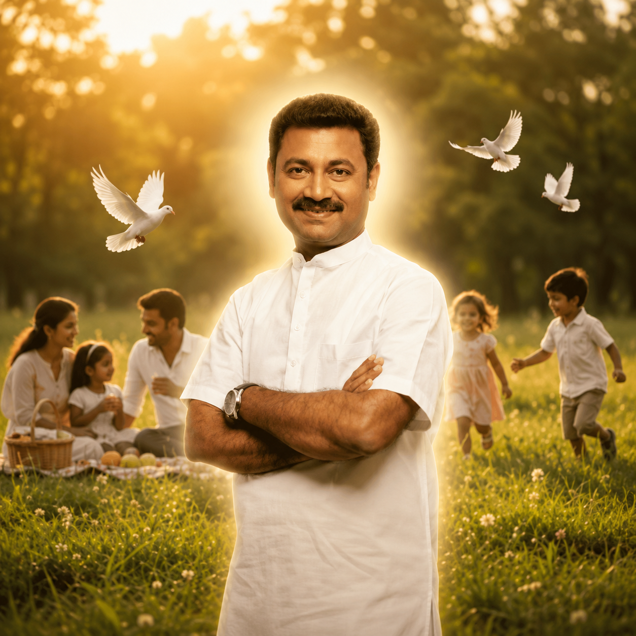Man with family in a sunlit grassy field, doves flying around