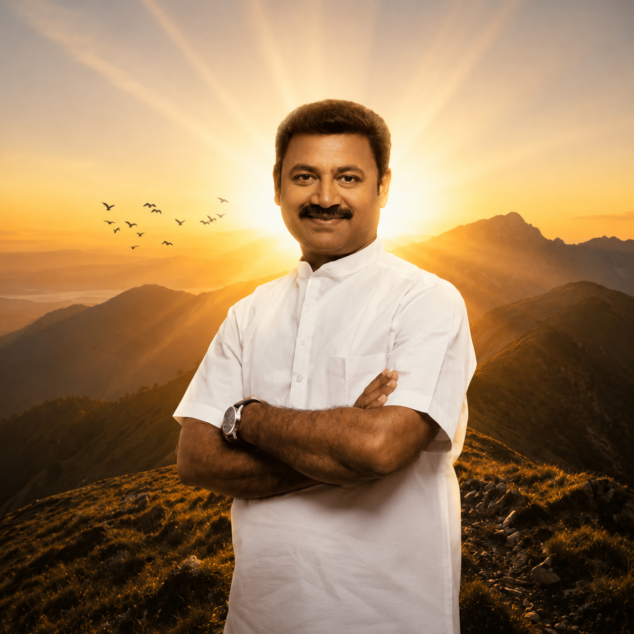 Man standing on a mountain ridge at sunrise, birds flying nearby