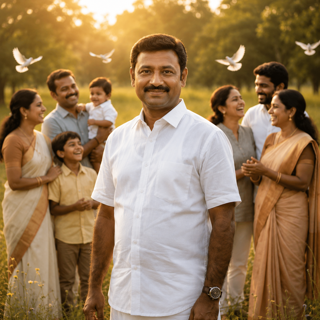 Extended family group smiling together outdoors at golden hour
