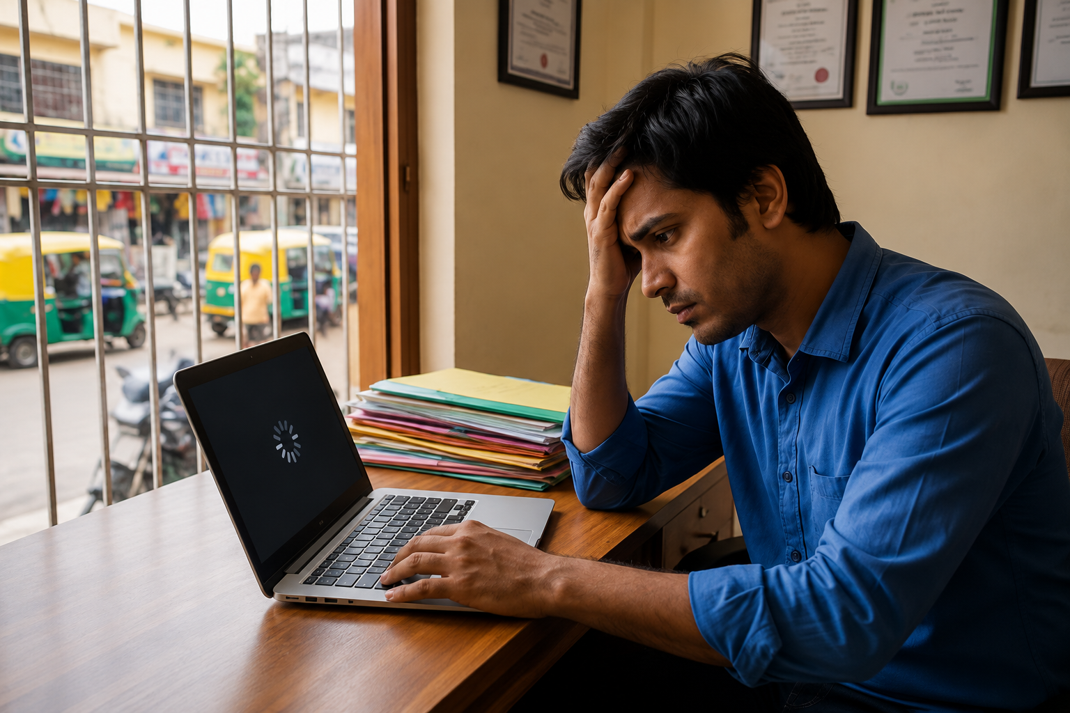 Man working late at his desk with his head in his hand, looking frustrated