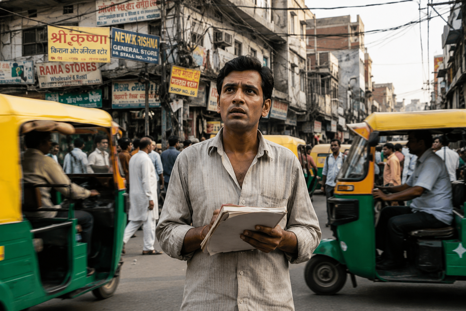 Man standing in a crowded market street holding papers, looking uncertain