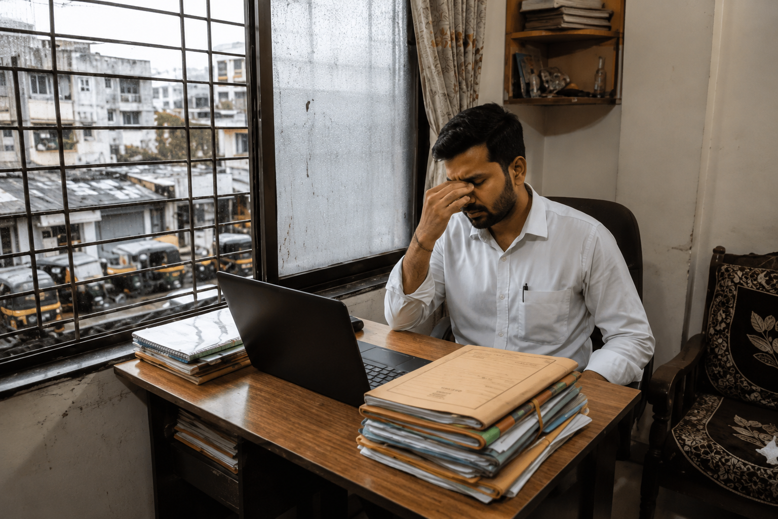 Man at his office desk rubbing his eyes in stress, laptop and stacked files in front of him