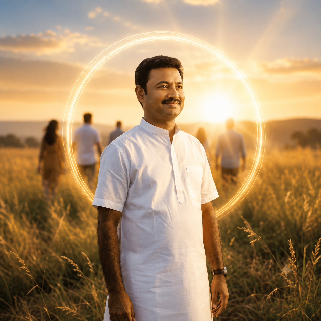 Man standing in a golden field at sunset, symbolizing discovering life purpose
