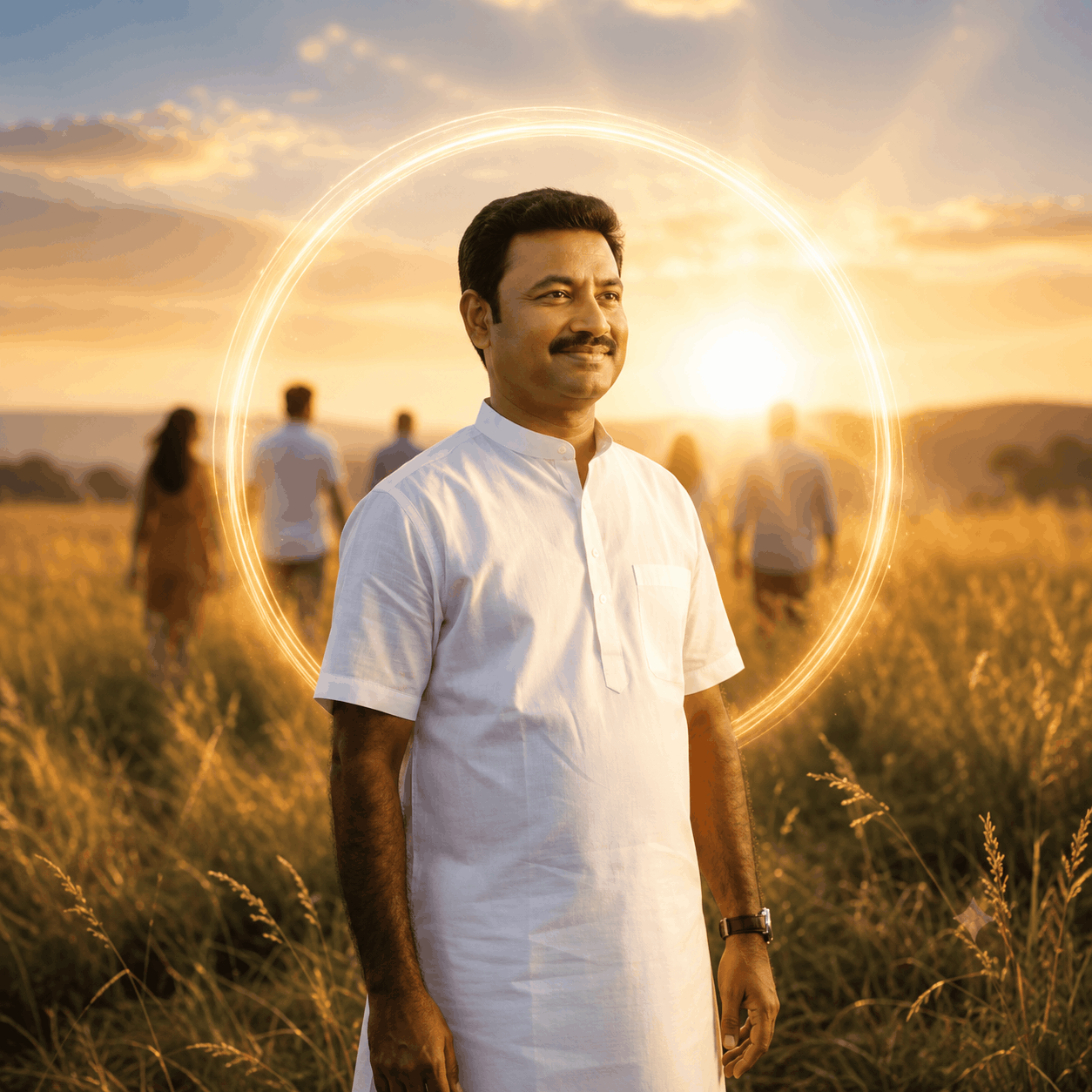 Man standing in a golden field at sunset, symbolizing discovering life purpose