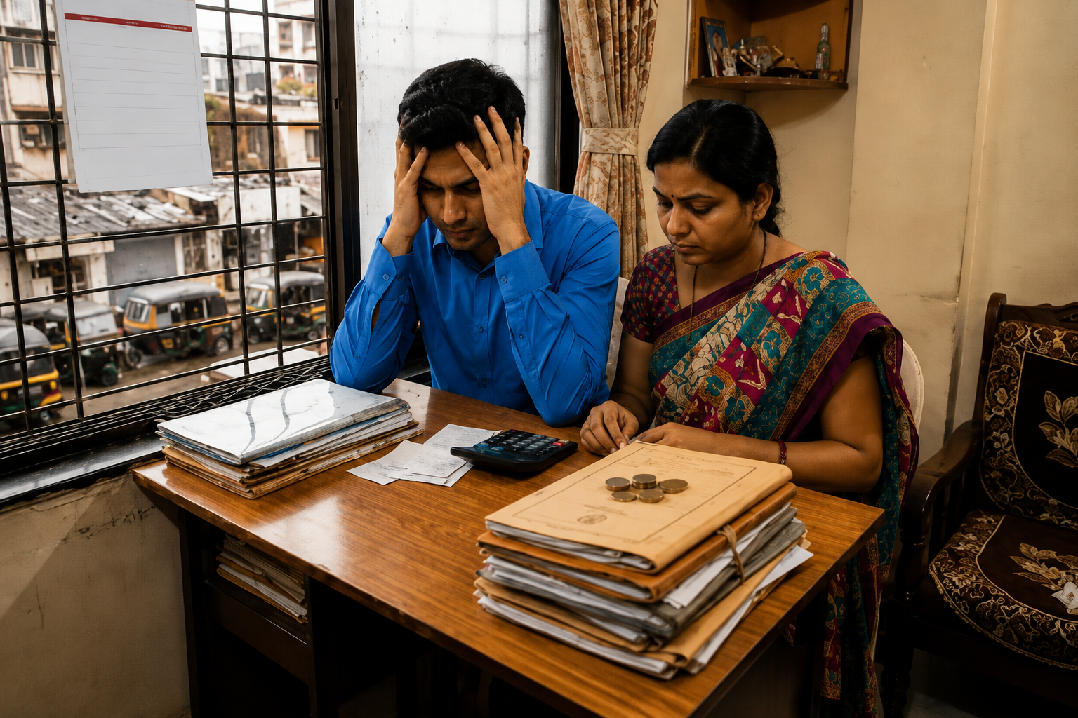 Man and woman looking stressed over paperwork and calculations at a desk