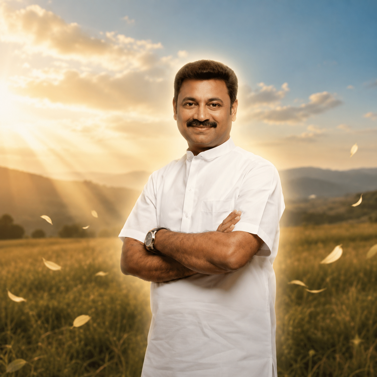 Man standing confidently arms crossed in an open field under a bright sky