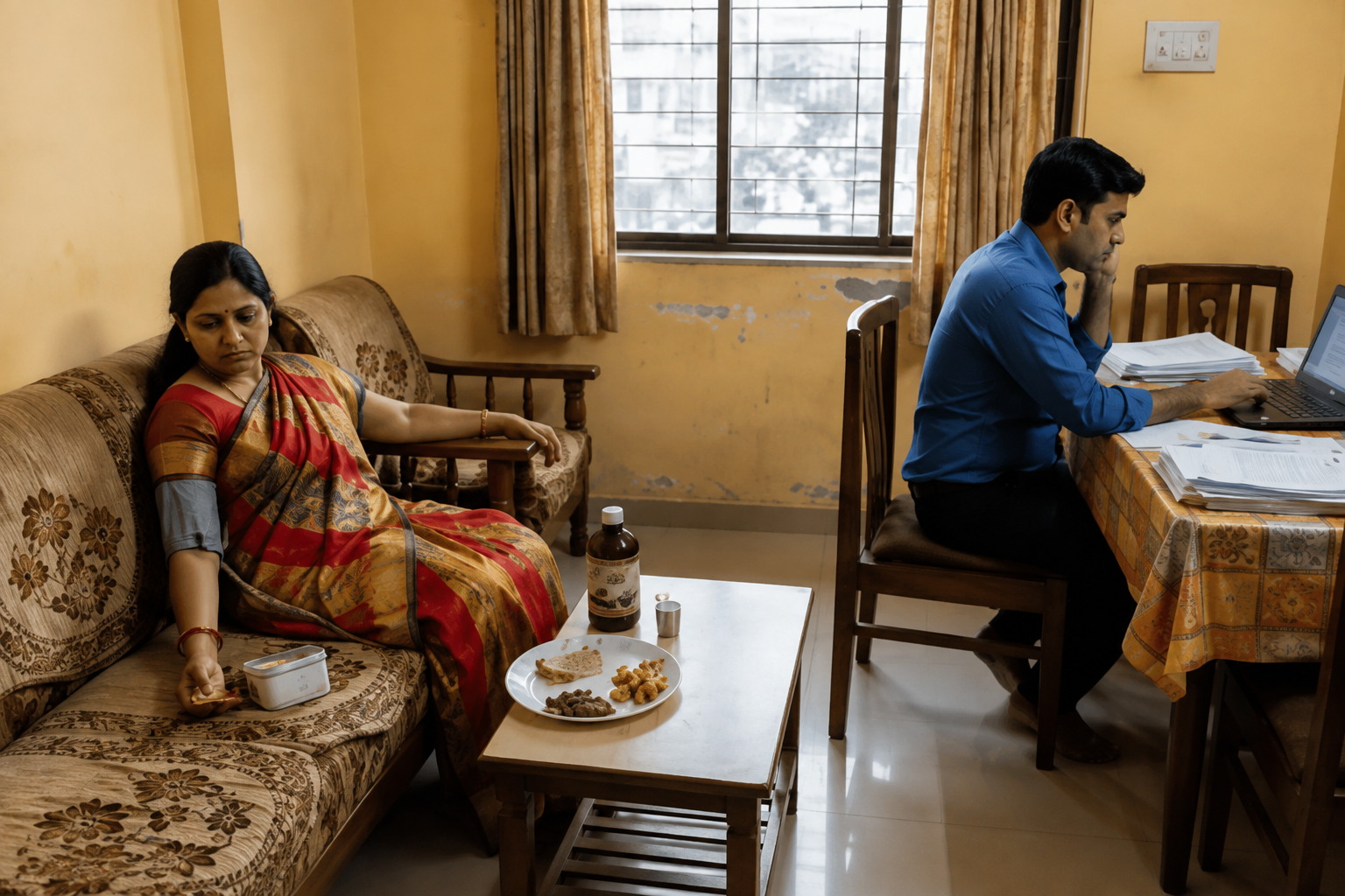 Woman resting on a sofa while a man works at the table beside her, looking disconnected