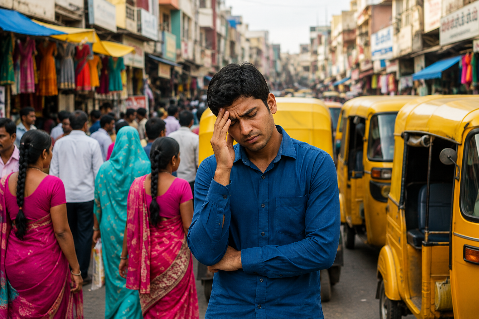 Man standing troubled in a busy street crowd