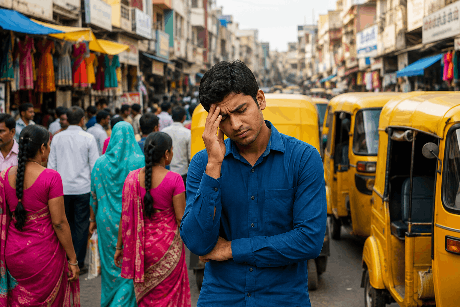 Man standing troubled in a busy street crowd