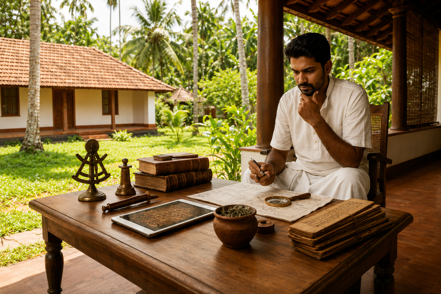 Man seated at a table on a traditional courtyard veranda, writing and reflecting