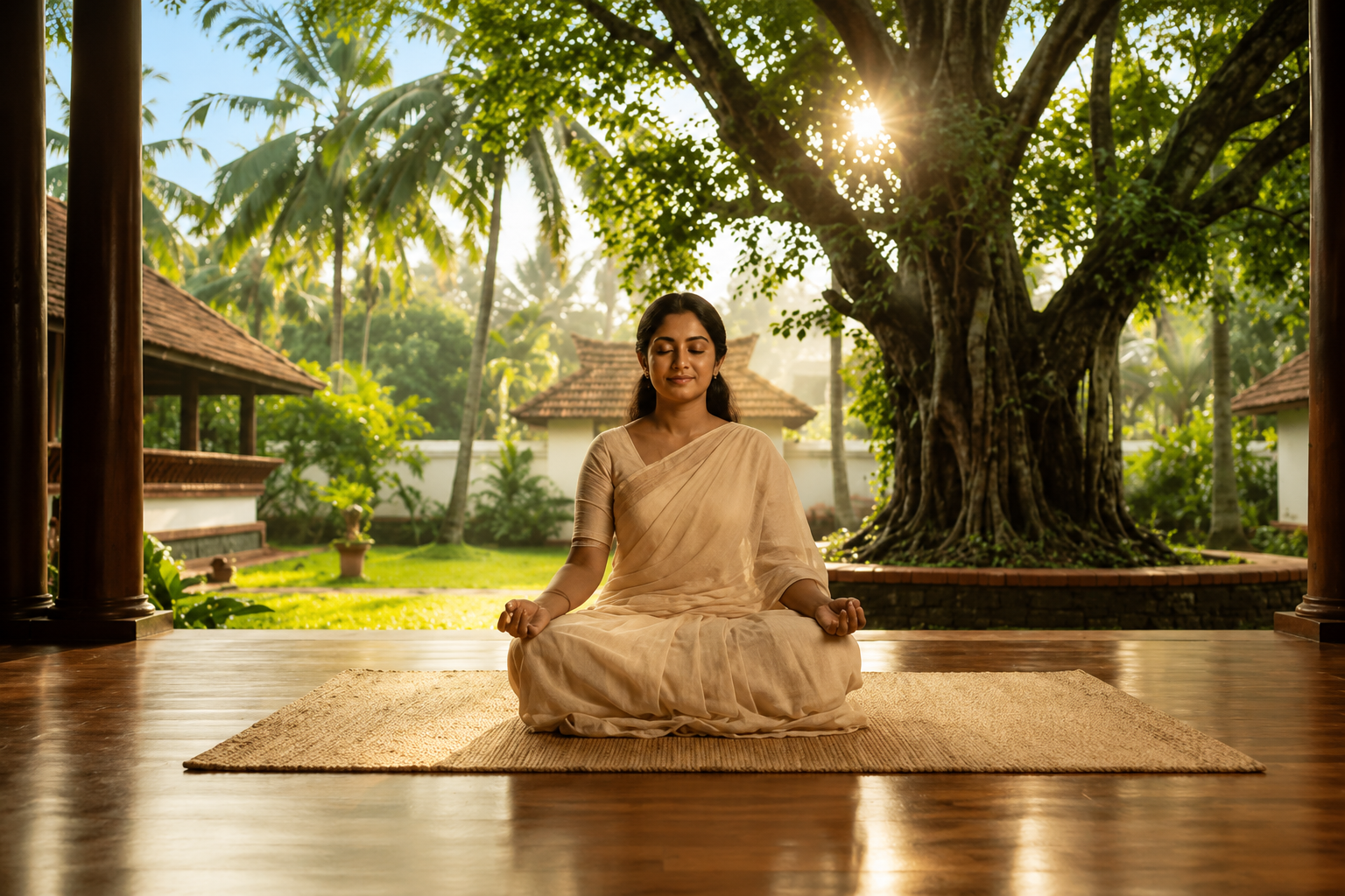 Woman meditating cross-legged in a courtyard under a tree