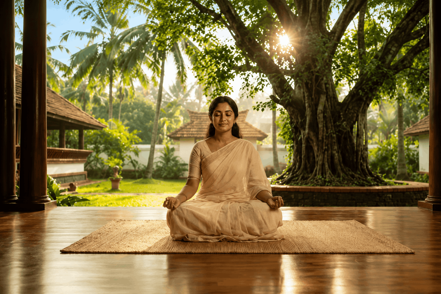Woman meditating cross-legged in a courtyard under a tree