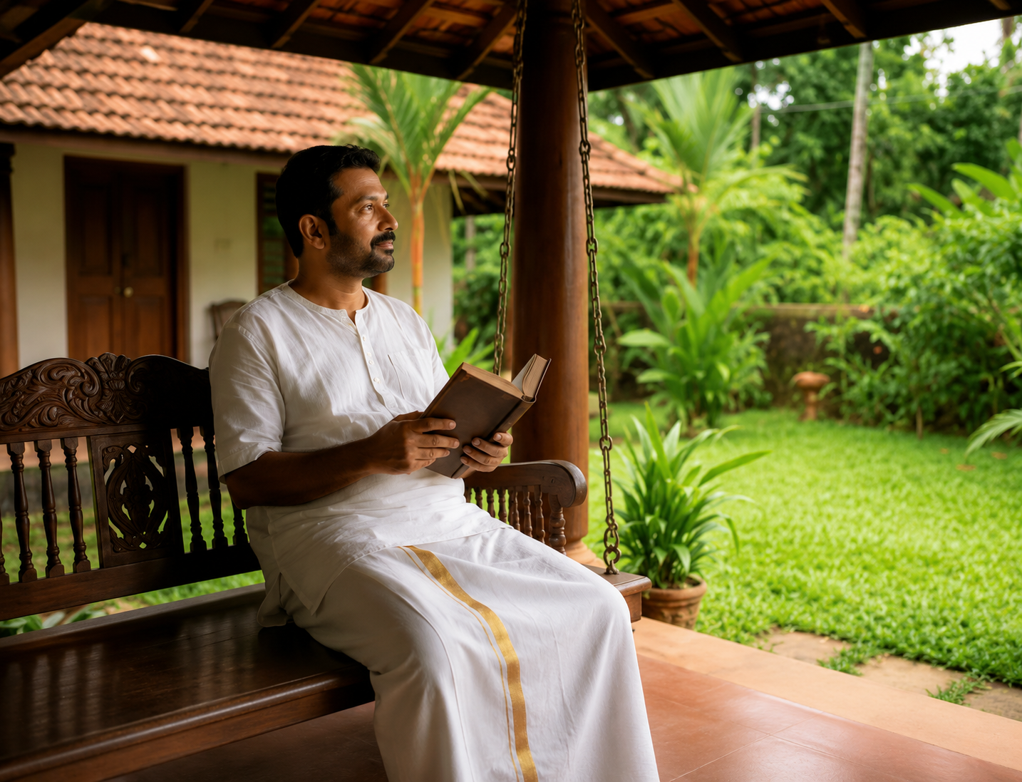 Man reading on a bench swing under a sloped roof veranda