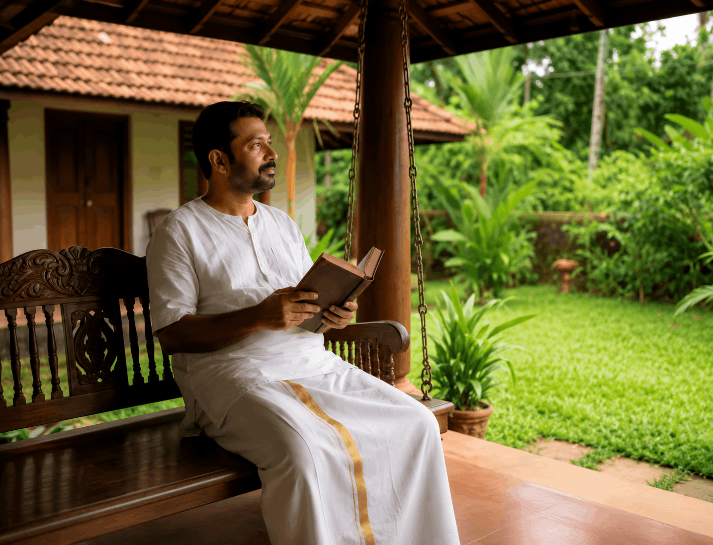 Man reading on a bench swing under a sloped roof veranda